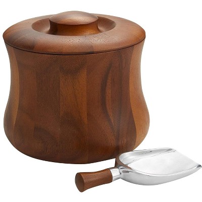 Nambe Nara Ice Bucket with Scoop and Lid to Keep Cool, Acacia Wood Winery Holder with Plastic Insert, Cooler for Parties, Bar Cart Accessory