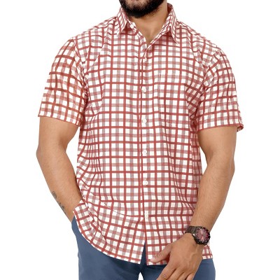 LA LEELA Men's Short Sleeve Button Down Plaid Men's Classic Casual Summer Vacation Camp Beach Collar Poplin Shirts Flannel Work Shirt