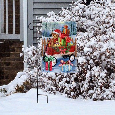 Christmas Teddy Bear Wagon Garden Flag in Multicolor Polyester