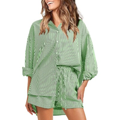 EXLURA Women's Summer 2 Piece Sets Long Sleeve Button Down Shirts Matching Short Sets Oversized Spring Vacation Outfits