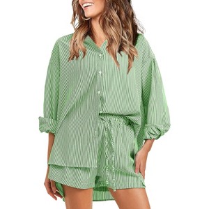 EXLURA Women's Summer 2 Piece Sets Long Sleeve Button Down Shirts Matching Short Sets Oversized Spring Vacation Outfits - 1 of 4