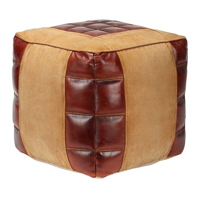 Rustic Square Canvas and Faux Leather Pouf in Brown