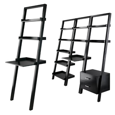 Sleek Black Wood Composite Leaning Desk with 2 Shelves