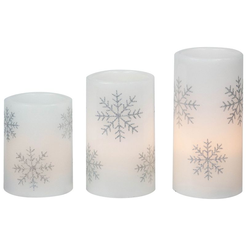 Northlight Set of 3 Flameless Silver Snowflakes Flickering LED Christmas Wax Pillar Candles 6", 4 of 8