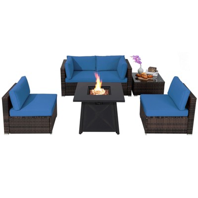 Tangkula 6-Piece Patio Furniture Set w/ 30" Propane Fire Pit Table Outdoor PE Wicker Conversation Set w/ Cushions &Tempered Glass Coffee Table