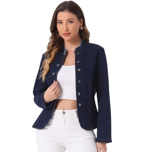 Allegra K Women's Stand Collar Long Sleeve Open Front Distressed Denim Blazer - 1 of 4