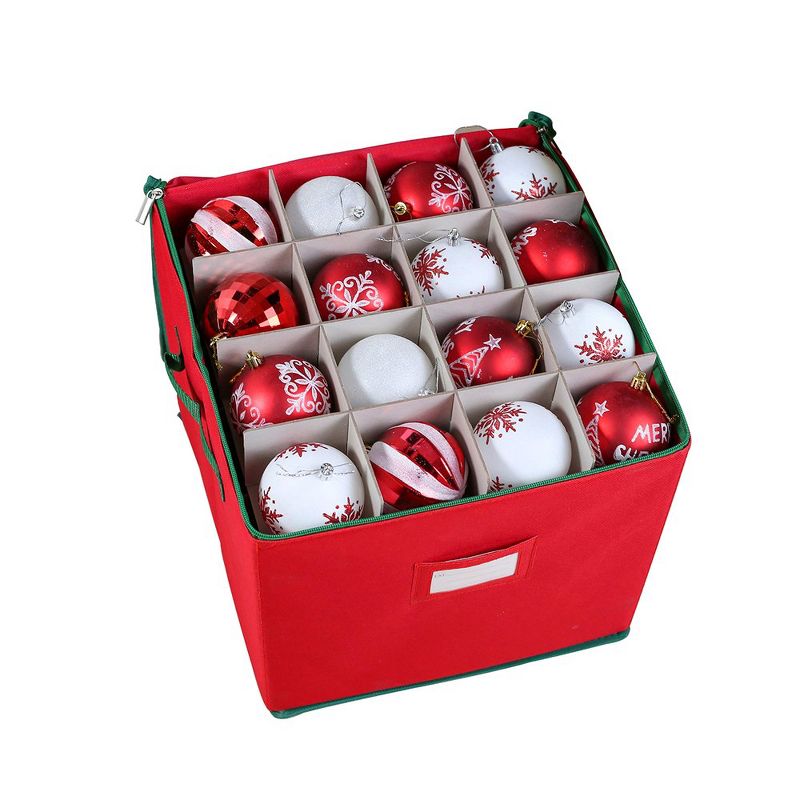 Red Christmas Oxford Ornament Storage Box Adjustable Dividers, Hold Up to 64 Ornaments Balls Accessories, Container with Zippered Closure, 3 of 8