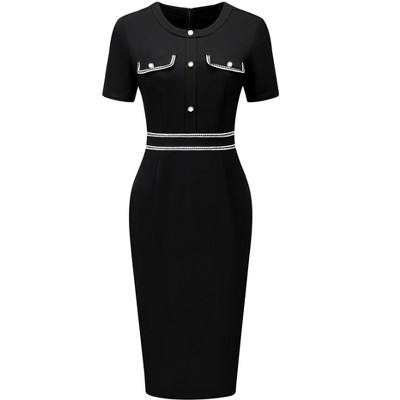 Hobemty Women's Round Neck Short Sleeve Contrast Color Elegant Sheath Pencil Dresses