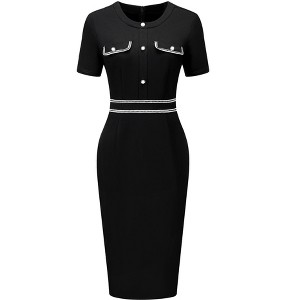 Hobemty Women's Round Neck Short Sleeve Contrast Color Elegant Sheath Pencil Dresses - 1 of 4