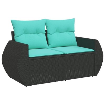 vidaXL Patio Sofa with Cushions - 2-Seater Outdoor Loveseat Black Poly Rattan, Blue Cushion Covers