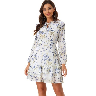 INSPIRE CHIC Women's Summer Floral Layered Tie V-Neck Semi-Sheer Long Sleeve Mini Dress