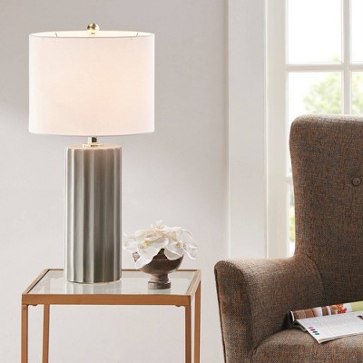 Gray Ribbed Ceramic Table Lamp with White Drum Shade