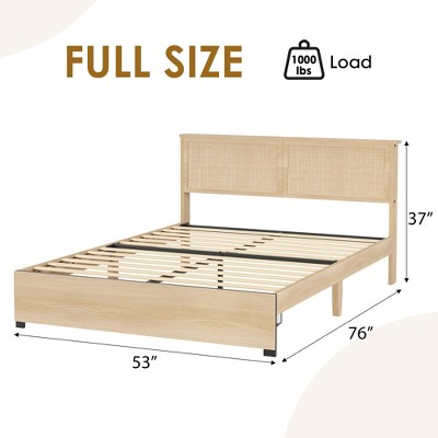Rattan Bed Frame Full Size Bed Frame with 2 Drawers, Wooden Platform Bed with Rattan Headboard, Led Lights