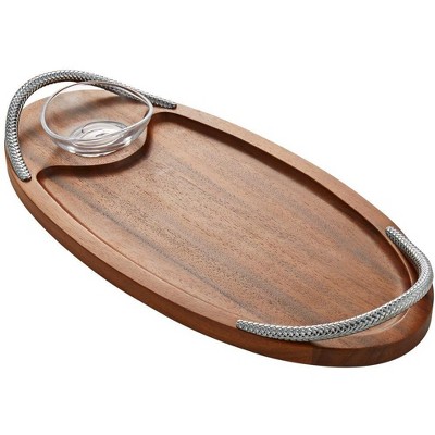 Nambe Braid Acacia Wood Serving Board with Glass Dipping Dish, 18 Inch, Espresso Silver