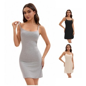 INSPIRE CHIC Women's 3 Packs Adjustable Spaghetti Strap Underdress Full Slips with Built-in Bra Shapewear - 1 of 4