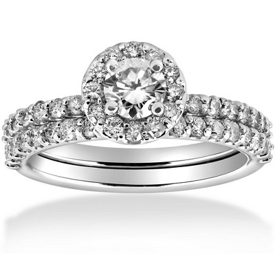 Pompeii3 1 cttw Diamond Round Halo Engagement Wedding Ring Set 14k White Gold