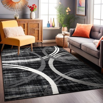 Contemporary Black Abstract 65'' Easy-Care Synthetic Area Rug