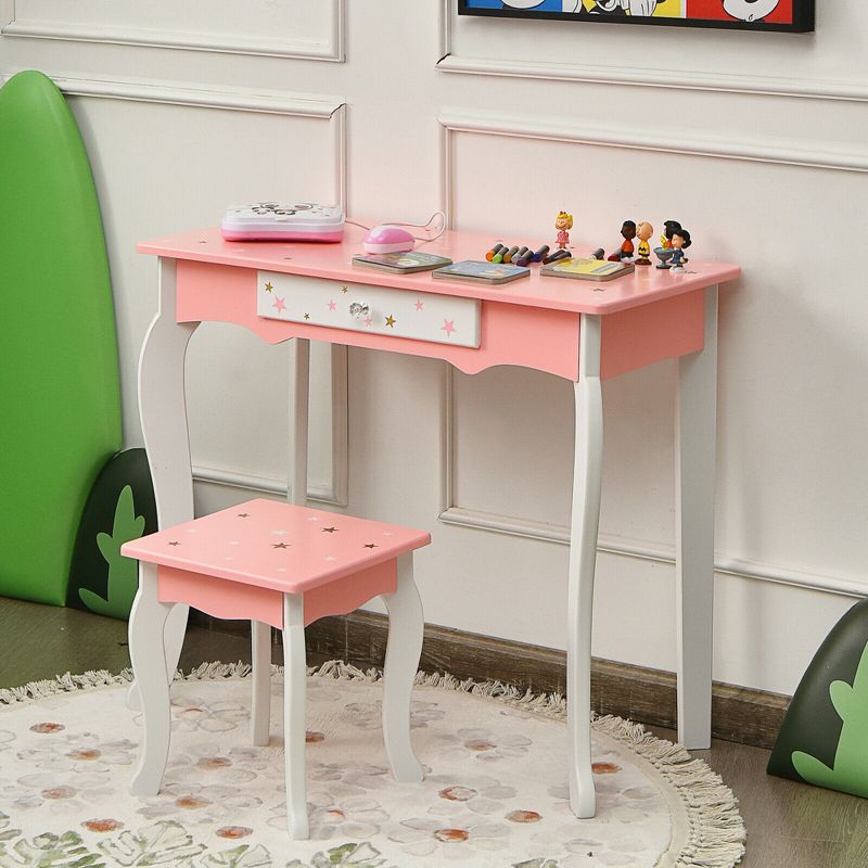 Costway Kids Vanity Princess Makeup Dressing Table Chair Set W/ Tri-folding Mirror, 4 of 11