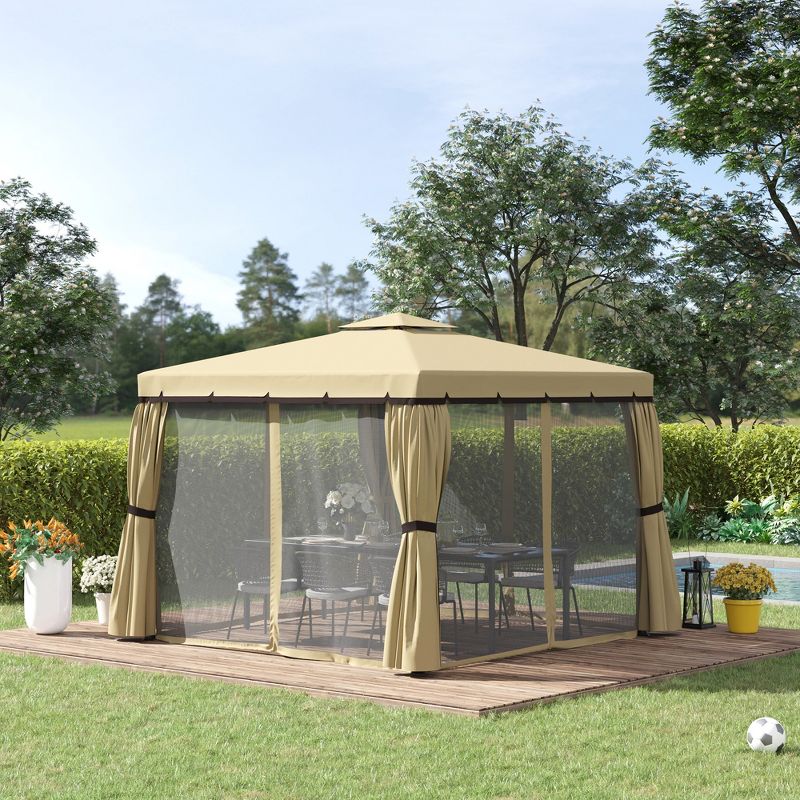 Outsunny 10' x 10' Patio Gazebo Outdoor Canopy Shelter with Double Tier Roof, Netting and Curtains for Garden, Lawn, Backyard and Deck, 3 of 7