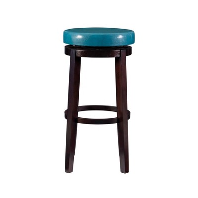 Teal Backless Swivel Wood and Leather Bar Stool