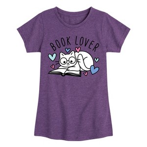 Girls' - Instant Message - Book Lover Cat Fitted Short Sleeve Graphic T-Shirt - 1 of 4