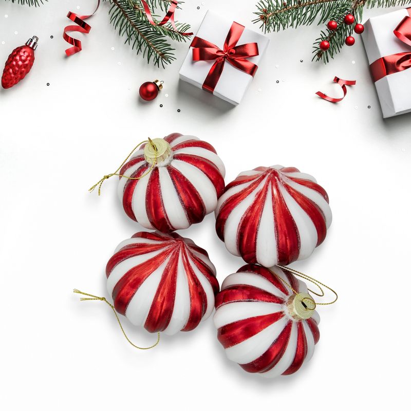 Northlight 4ct Red and White Glittered Candy Cane Onion Glass Christmas Ornaments 3", 2 of 6