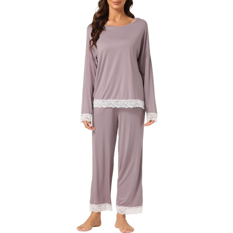 cheibear Women's Soft Lace Trim Knit Stretchy Long Sleeve Sleepwear Pajama Set, 1 of 6