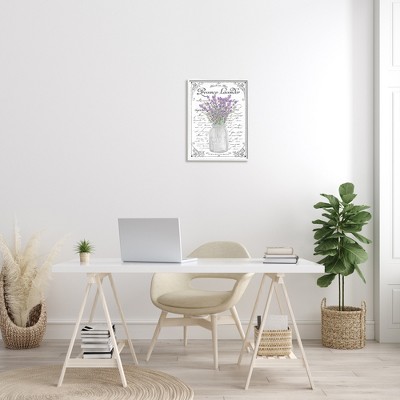Lavender Sprigs Bouquet French Script Canvas Print in White Frame