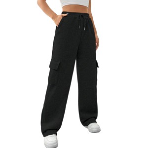 Womens Sweatpants 4 Pockets Mid Rise Cargo Pants Boxy Boyfriend Style Loose Fit Straight Leg Pants - 1 of 4