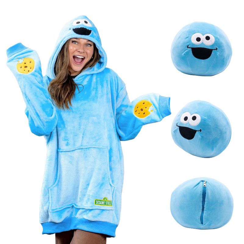 Plushible Sesame Street Cookie Monster Adult Snugible Blanket Hoodie & Pillow, 1 of 8