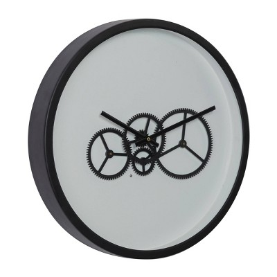 18" x 18" Round Metal Wall Clock with Functioning Gear Center Black/White - Olivia & May