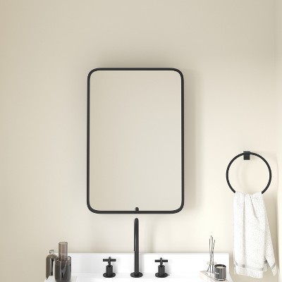 Emma and Oliver Metal Framed Bathroom Medicine Cabinet with Reversible, Recessed Design and Beveled Rounded Mirror