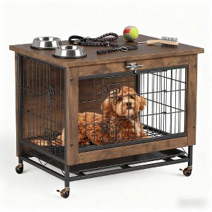 Dog Crate Furniture for Small Medium Dogs, 26.4" Indoor Wooden Kennel with Double Doors, 4 Locking Wheels, Removable Tray, Chew-Proof Cage Table - 1 of 4