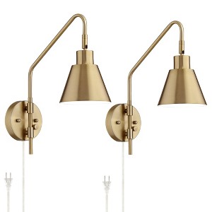 360 Lighting Marybel Modern Swing Arm Wall Lamps Set of 2 Brass Plug-in Light Fixture Tapered Metal Shade for Bedroom Bedside Living Room Reading Home - 1 of 4