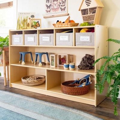 Guidecraft EdQ Shelves and 5 Bin Storage Unit 30": Kids' Wooden Bookshelf Cubby Shelving with Organization for School and Home