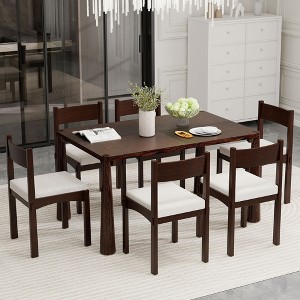 ModernLuxe 7 Piece Retro Dining Table Set for 6, Vintage Dining Set Kitchen Table Set with 6 Upholstered Dining Chairs, Espresso/Natural Wood Wash - 1 of 4