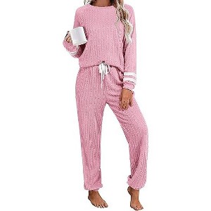 Ekouaer Lounge Sets for Women Ribbed Knit Outfits Pajamas Sets 2 Piece Long Sleeve Sweatsuits with Pockets - 1 of 4