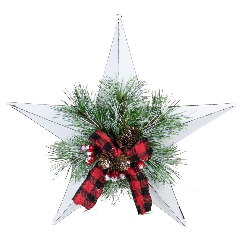 Northlight 17" White 5 point Christmas Star With Plaid Ribbon with Artificial Pine, 1 of 6