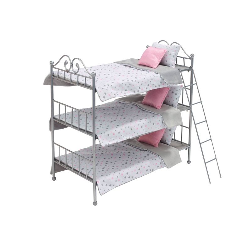 Badger Basket Scrollwork Metal Triple Doll Bunk Bed with Ladder and Bedding - Silver/Pink/Stars, 1 of 8