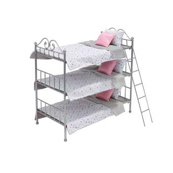 Badger Basket Scrollwork Metal Triple Doll Bunk Bed with Ladder and Bedding - Silver/Pink/Stars