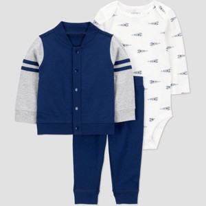 Carter's Just One You® Baby Boys' 3pc Varsity Hooded Zip-Up Sweatshirt with Bodysuit and Jogger Pants Set - Blue - 1 of 4