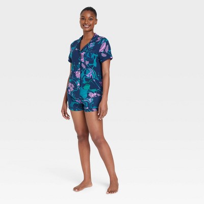 Women's Floral Print Beautifully Soft Short Sleeve Notch Collar Top and Shorts Pajama Set - Stars Above™ Blue