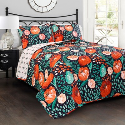 Full/Queen Poppy Garden Quilt Set Navy - Lush Décor