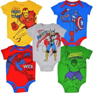 Marvel Avengers Spider-Man Iron Man Hulk Captain America Baby 5 Pack Bodysuits Newborn to Infant - 1 of 4