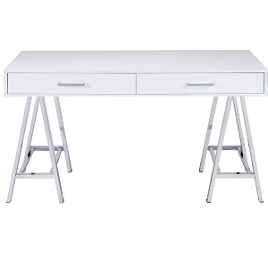 Gulches White High Gloss Writing Desk with Chrome Finish ¨C Built-in USB Port, 2 Drawers, Sturdy Metal Base for Home/Office - 1 of 4