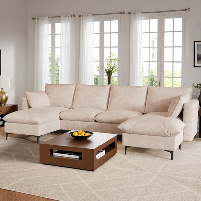 XIZZI 4-Piece Chenille Sofa Set with Large Chaise & Ottoman - Modern Sectional Sofa in White/Beige/Gray/Black, with Round/Square/Sloped Armrest