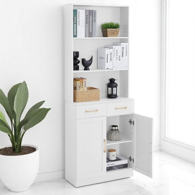 Tall Bathroom Storage Cabinet with 2 Doors, 2 Drawers, and 3 Open Shelves, Freestanding Organizer with Adjustable Shelf