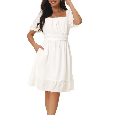 INSPIRE CHIC Women's Square Neck Puff Short Sleeve Smocked Back Ruffle Midi A-Line Casual Dress
