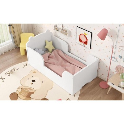 CAVINAS 54"*30" Crib/Toddler Bed for Ages 1-3,Toddler Bed Frame with Slats,Bear Shape Floor Beds for Girls&Boys,Cot Bed with Guardrails