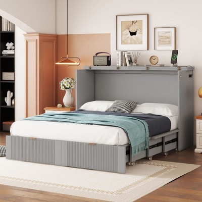 NicBex Full Size Murphy Bed 80.2" Wooden Bed Frame Morden Hideaway Wall Bed with Top Shelf and 2 Drawers for Guest Room